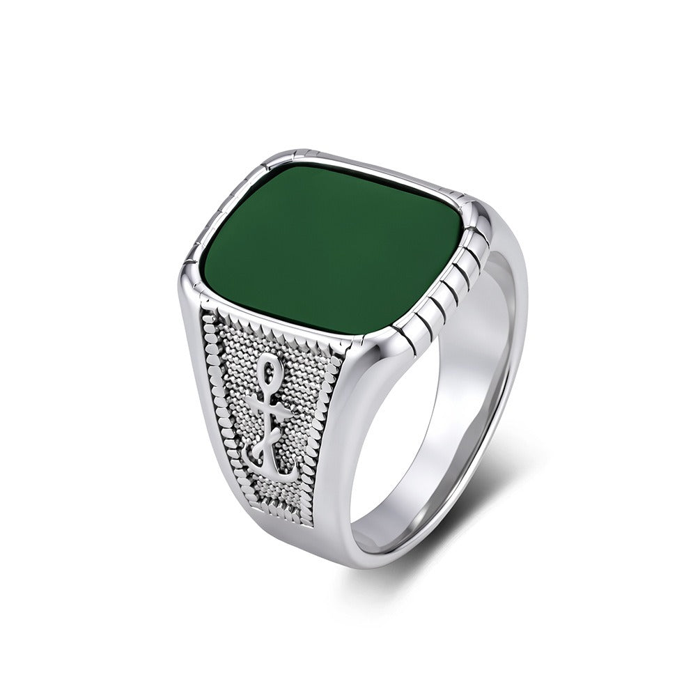 Kemstone Anchor Square Signet Ring for Men Stainless Steel Vintage Stone Detail K-R1212