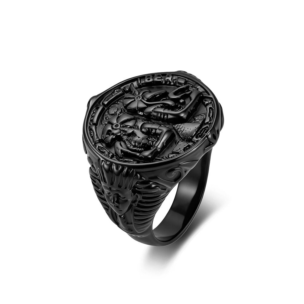 Kemstone Anubis Relief Signet Ring for Men Stainless Steel Egyptian Vintage K-R1216