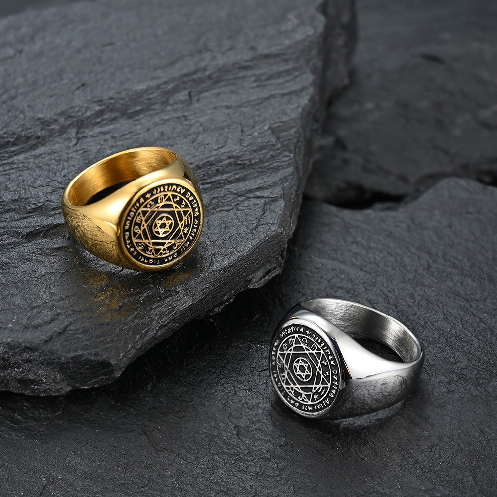 Kemstone Zodiac Pattern Signet Ring for Men Stainless Steel Engraved Detail K-R435