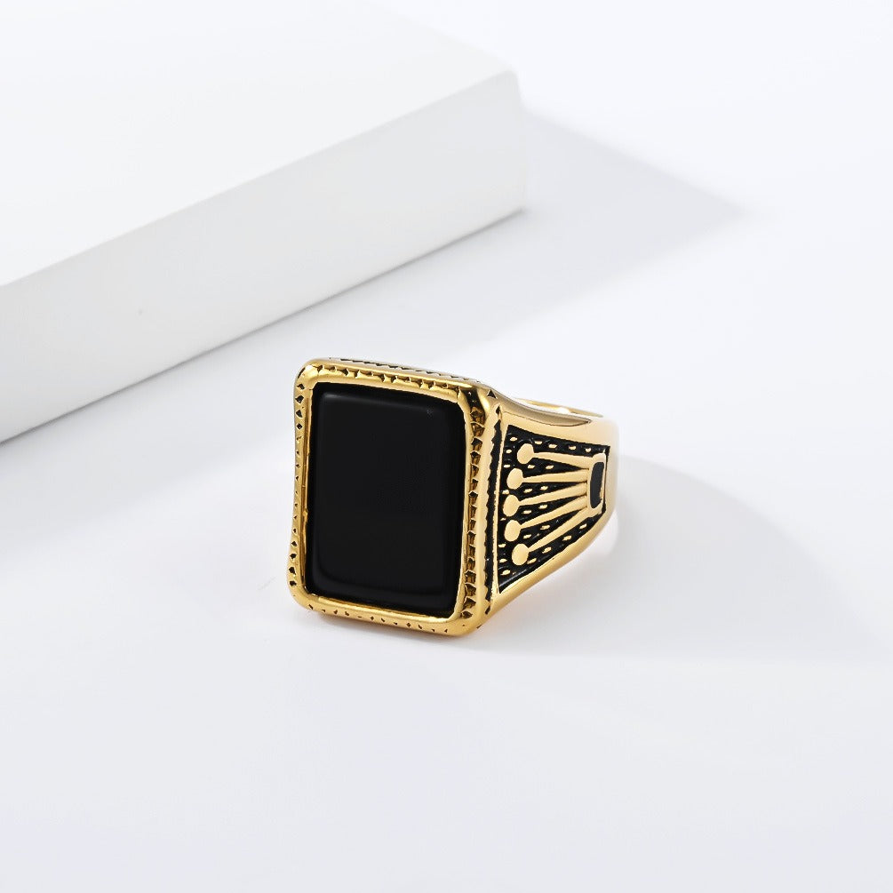 Kemstone Square Black Stone Signet Ring for Men Stainless Steel Vintage Crown Detail K-R1213