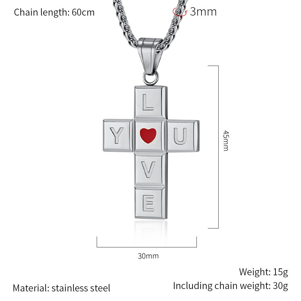 Kemstone Love Heart Cross Pendant Necklace for Men Stainless Steel K-PT554