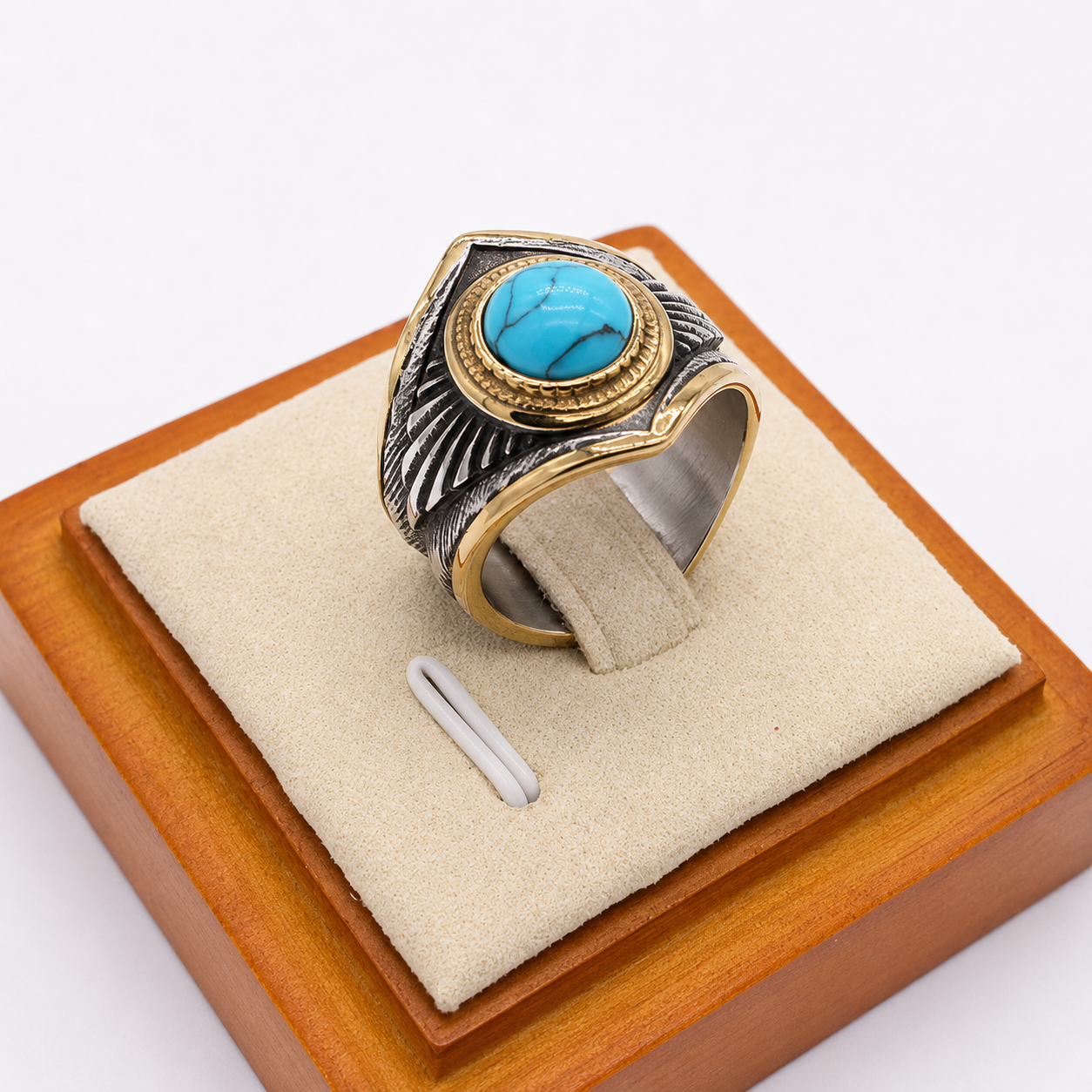 Kemston Turquoise Ring for Men Titanium Steel Feather Texture Vintage Stone R1530