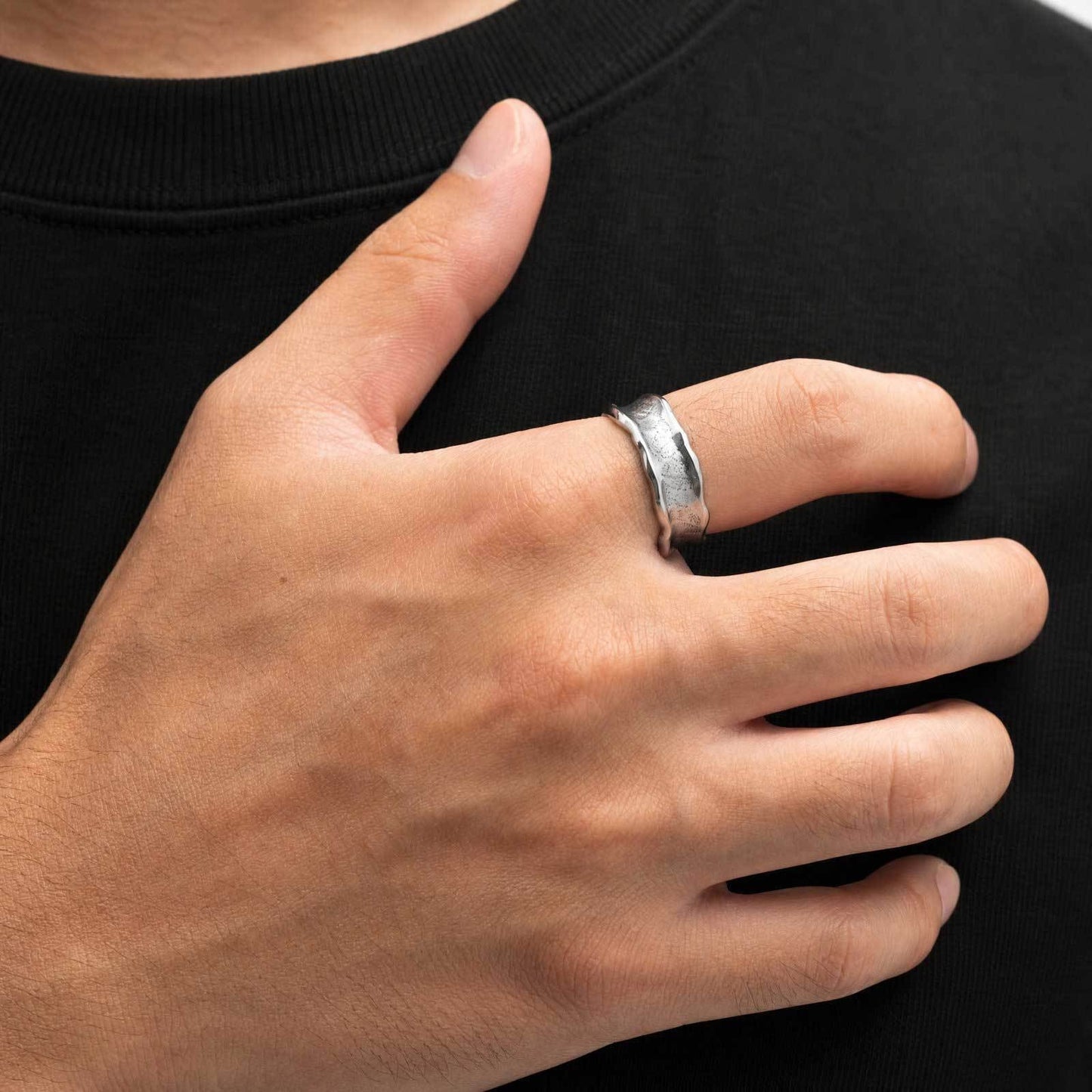 Kemstone Hammered Stainless Steel Ring for Men Wide Band Textured Style RC-1148