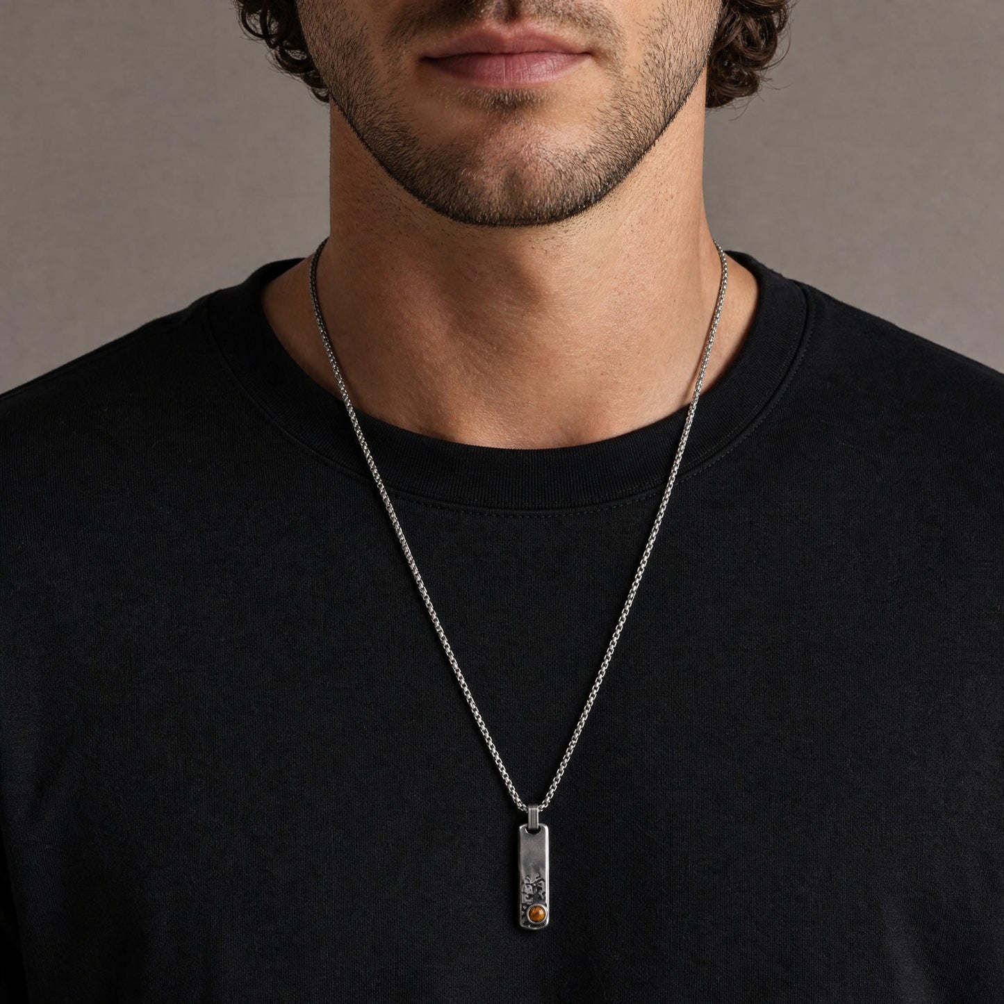 Kemstone Rectangular Tiger Eye Pendant Necklace for Men Stainless Steel Vintage Detail PN2384