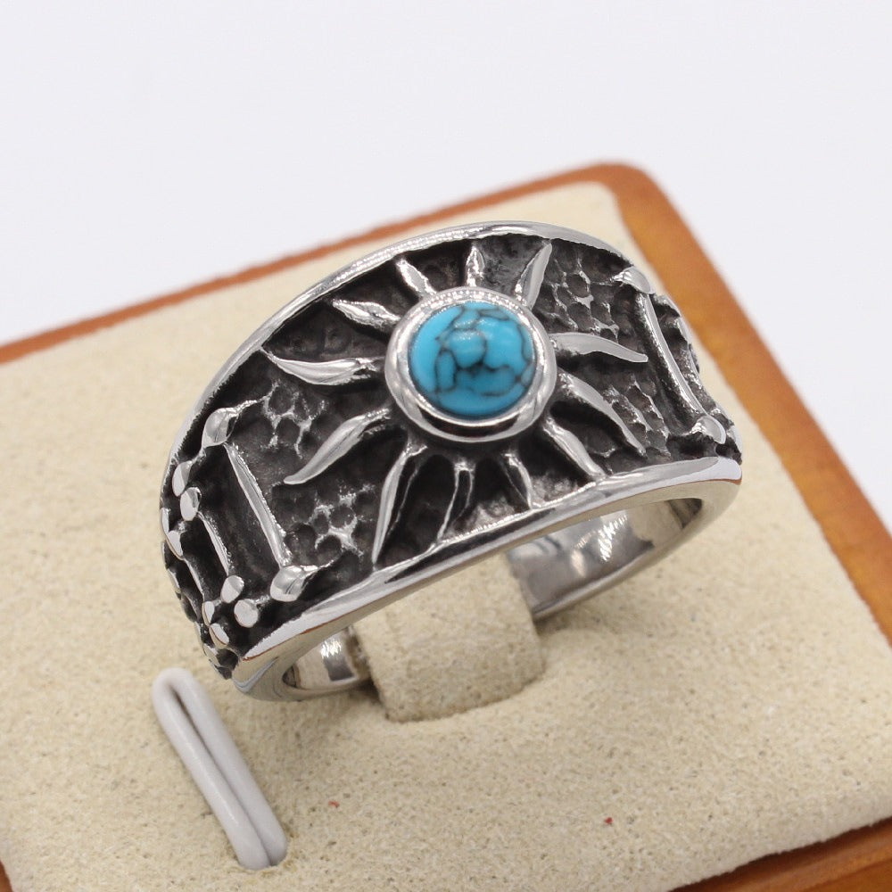 Kemstone Turquoise Ring for Men Titanium Steel Wide Band Textured Vintage R1496
