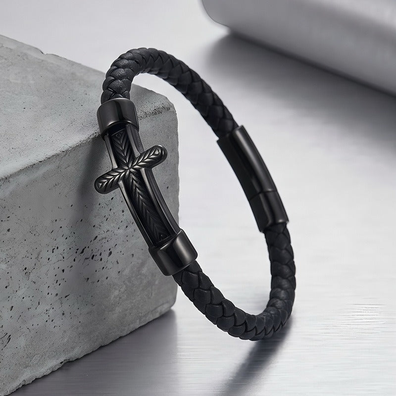 Kemstone Wheat Engraved Cross Bracelet for Men Braided Faux Leather Titanium Steel KB214751-SJ