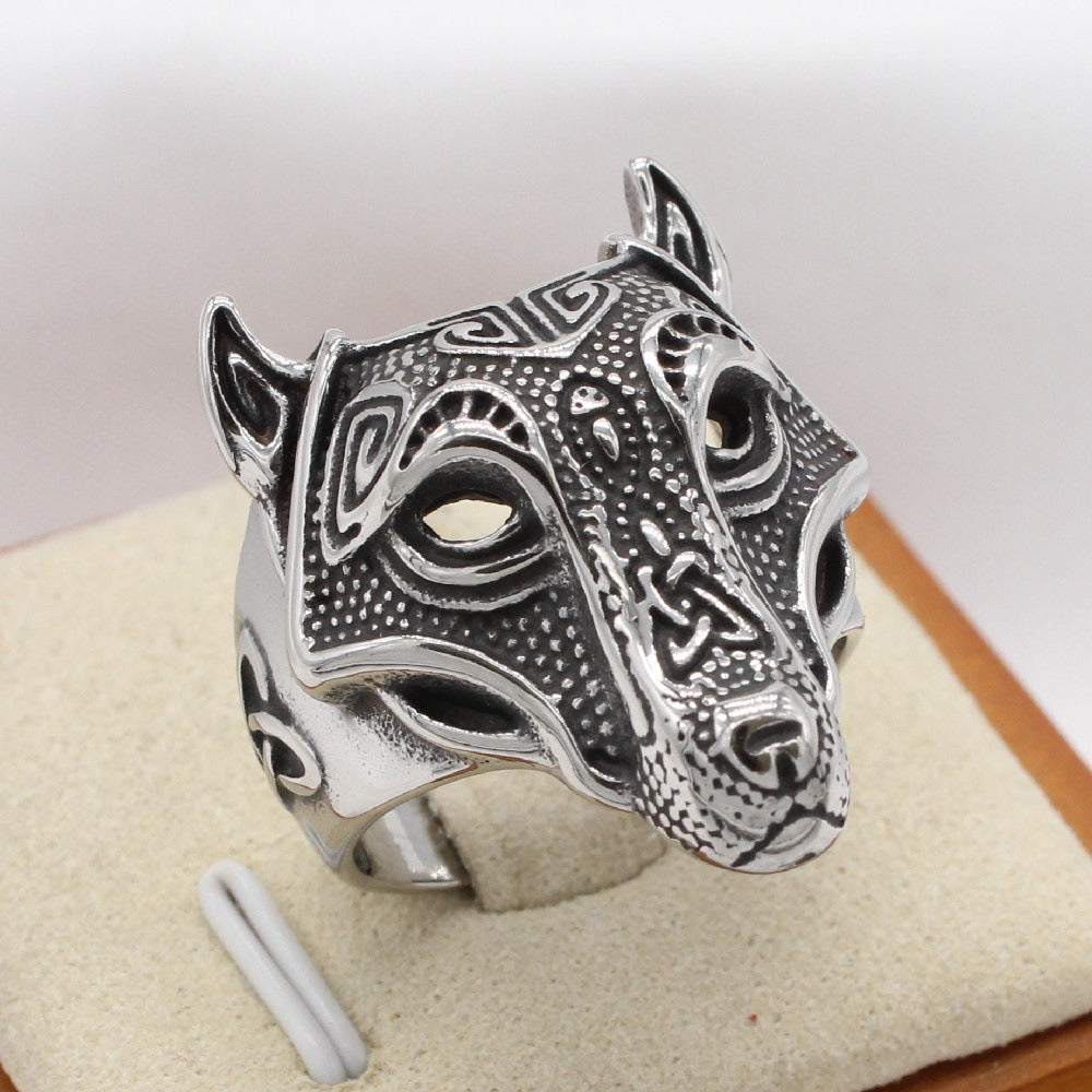Kemstone Titanium Steel Wolf Head Ring for Men Sculpted Texture Vintage R1637