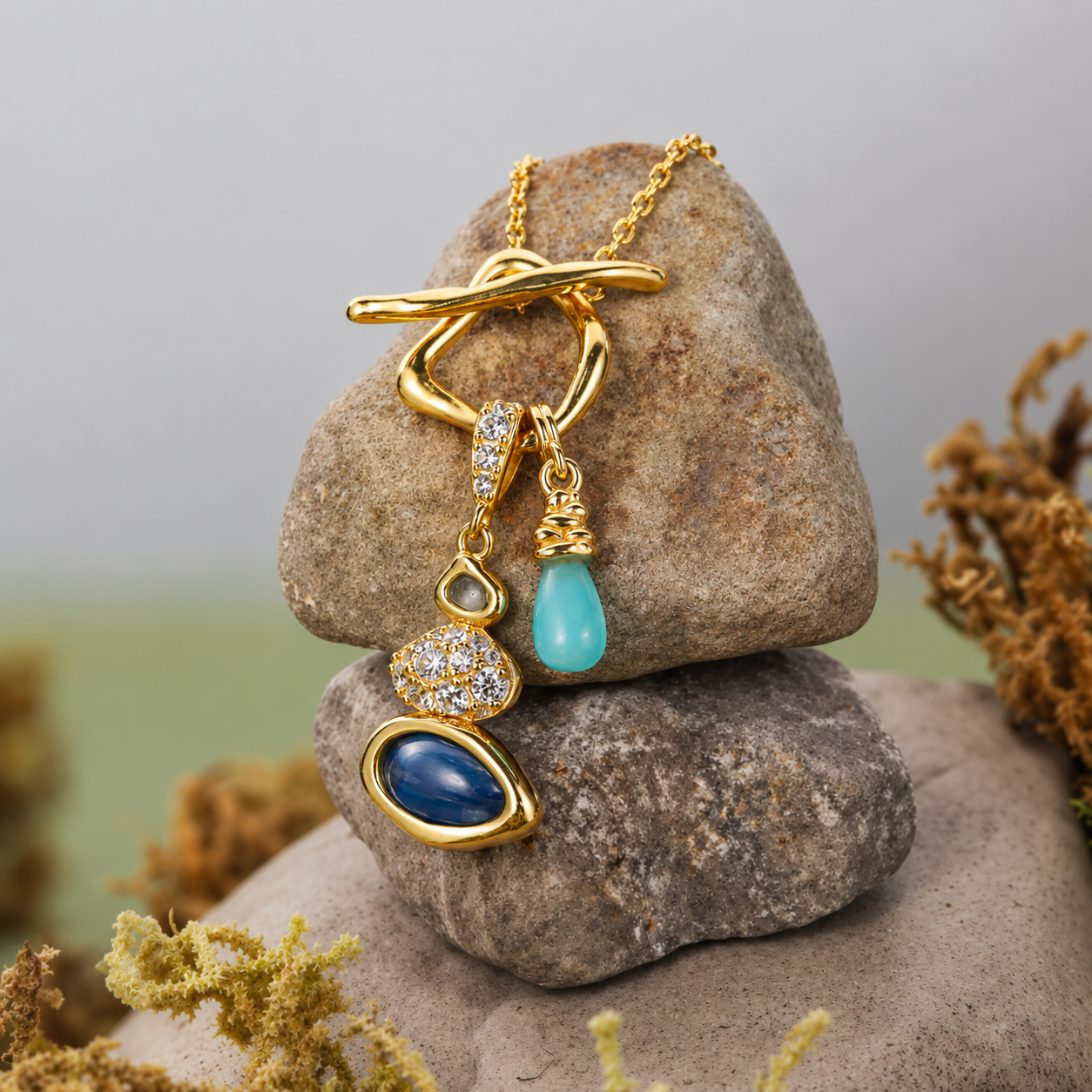 Kemstone Cairn Natural Gemstone Necklace – Amazonite Aquamarine Kyanite Gold Pendant for Women