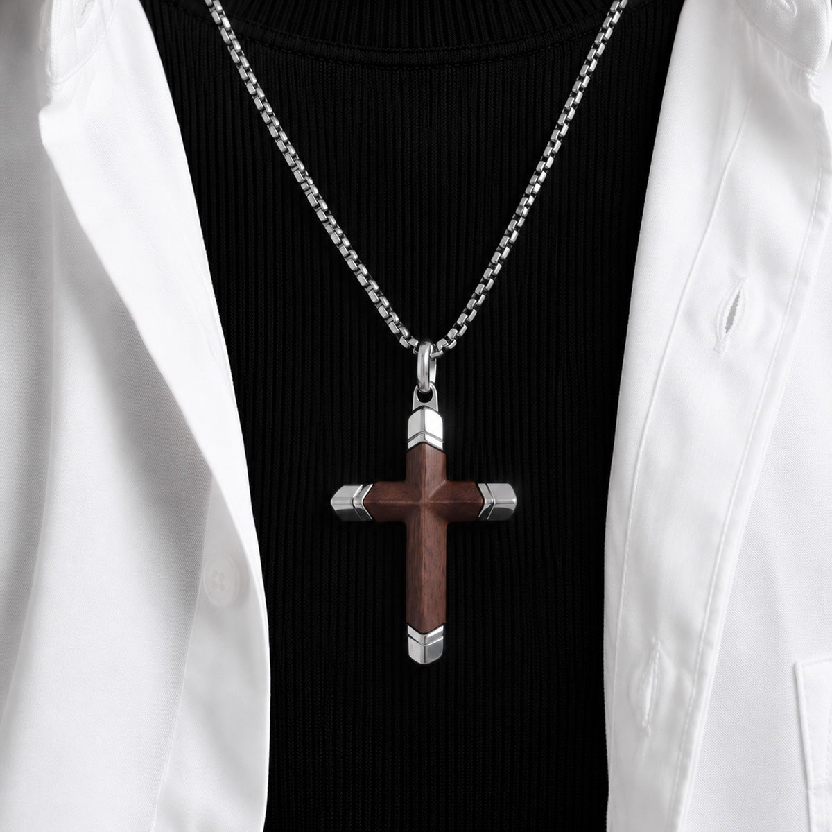 Kemstone Wood Cross Necklace for Men Stainless Steel Metal Accent Pendant K-PT736