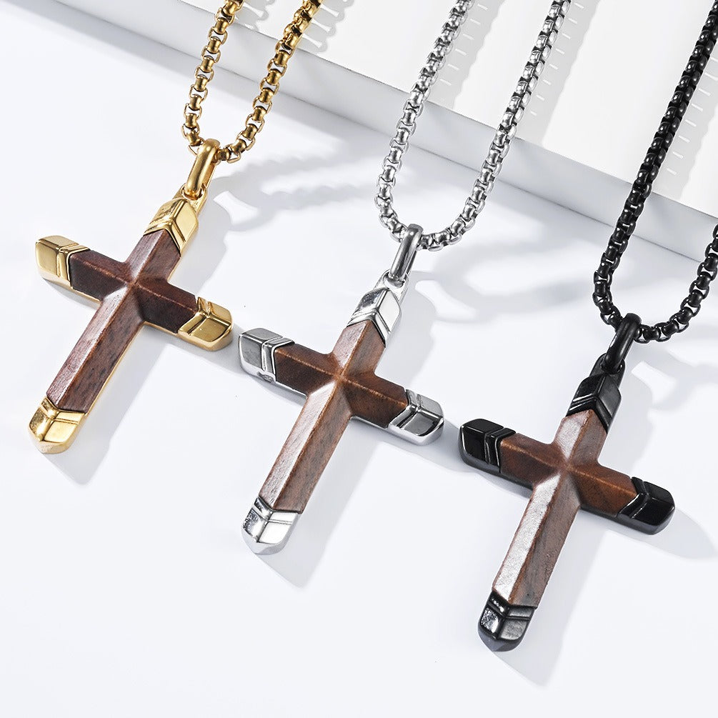 Kemstone Wood Cross Necklace for Men Stainless Steel Metal Accent Pendant K-PT736