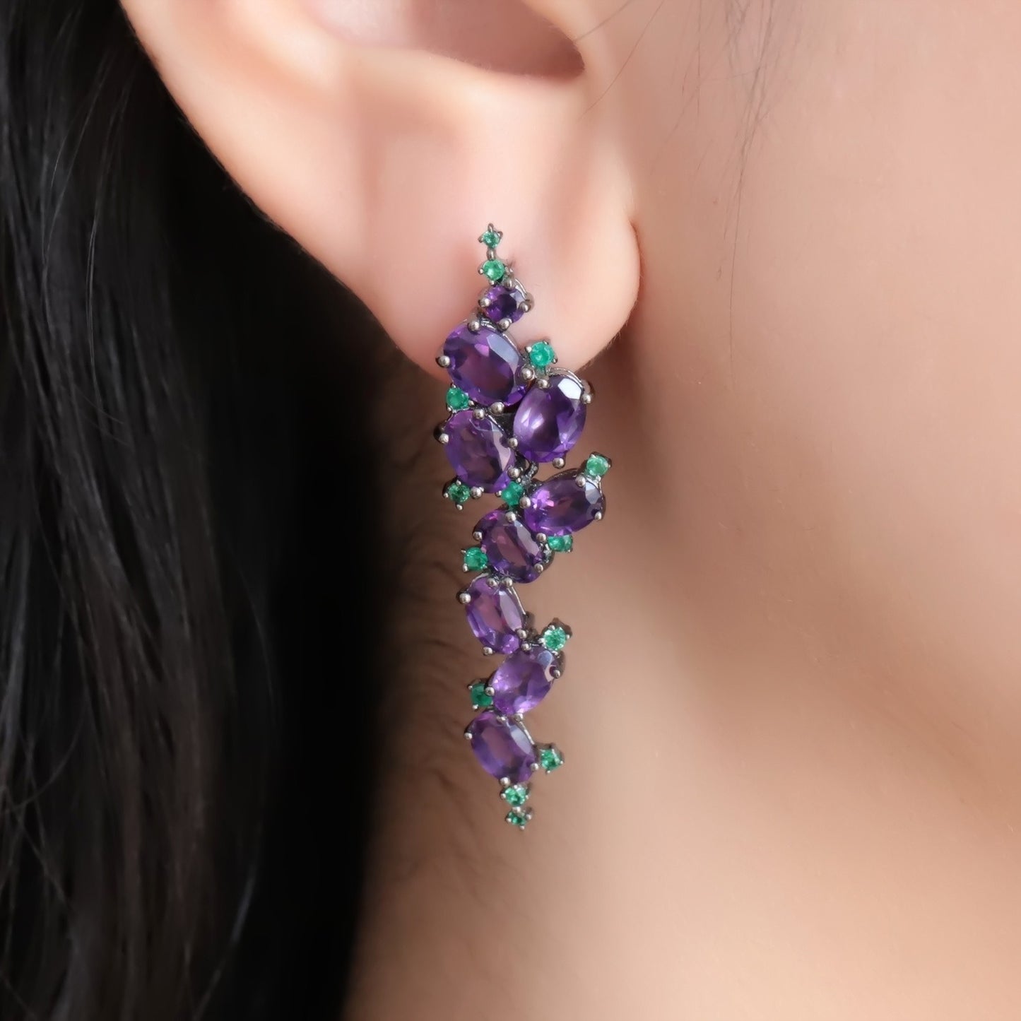 Orecchini Kemstone artigianali con pietre preziose a forma di foglia di ametista naturale vintage dal design originale | Argento Sterling 925