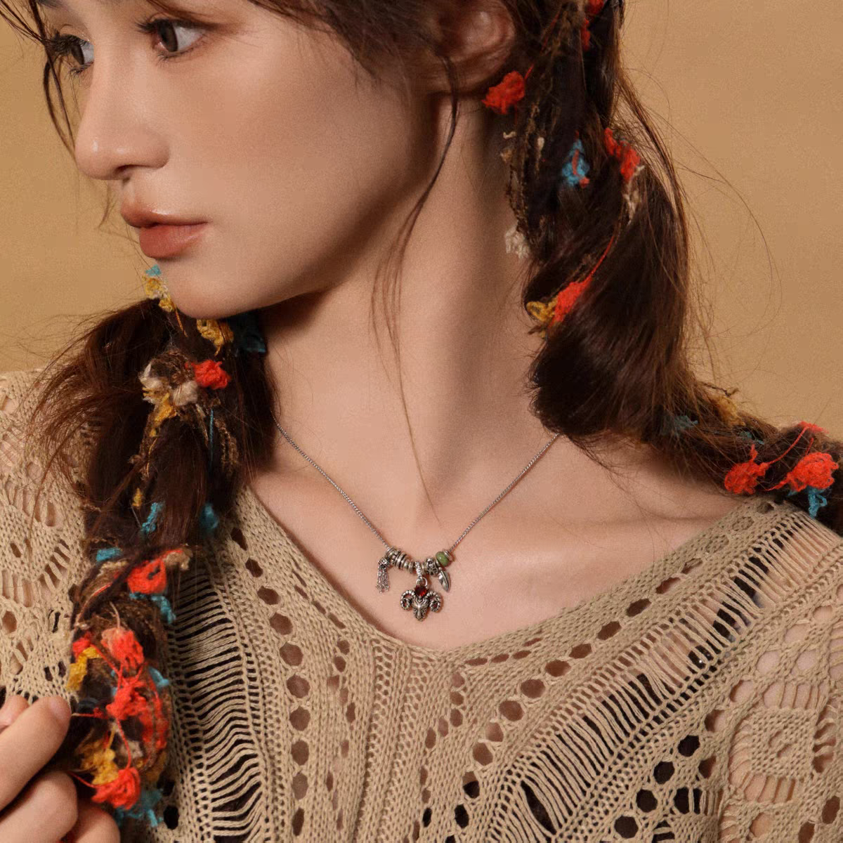 Kemstone Antelope Necklace – 925 Silver Vintage Pendant with Garnet & Turquoise, Adjustable Urban Nomadic Style EM-XXZSN376