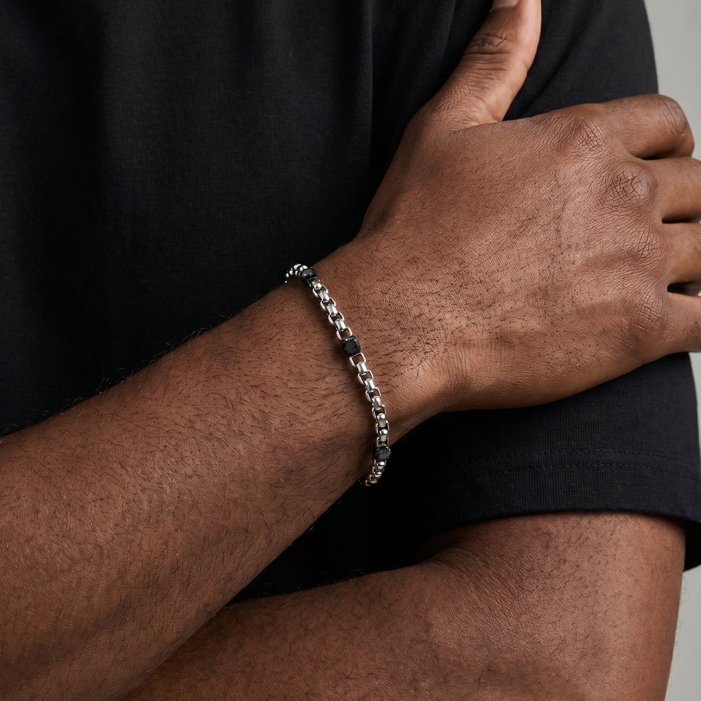 Kemston Stainless Steel Black Cubic Zirconia Beaded Chain Bracelet for Men Street Style BR-3103