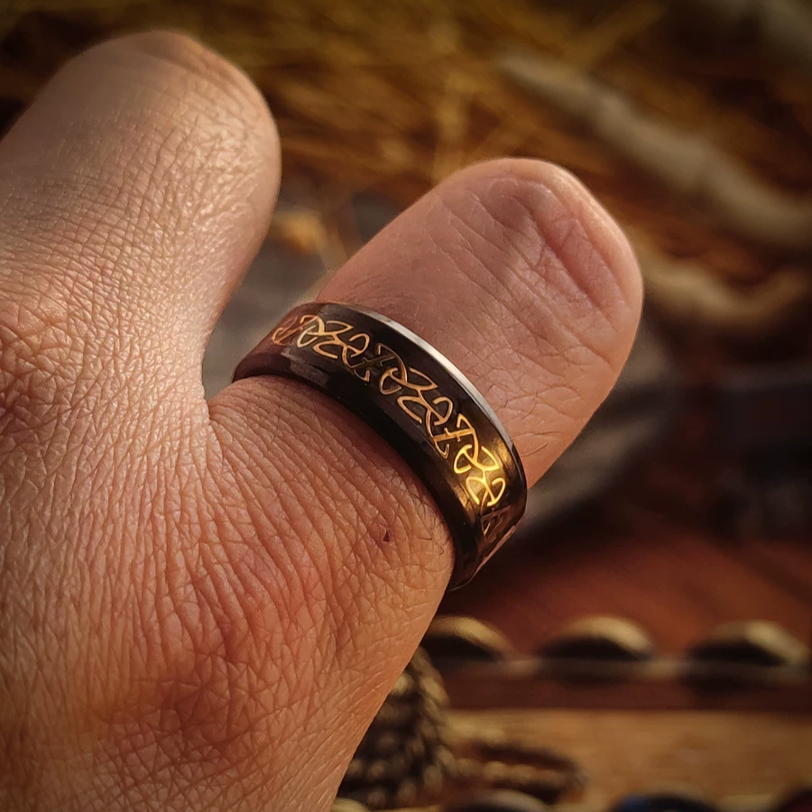 Kemstone Celtic Triquetra Black Gold Ring – 8mm Titanium Steel Men’s Band with Spiritual Symbol NWR-051532