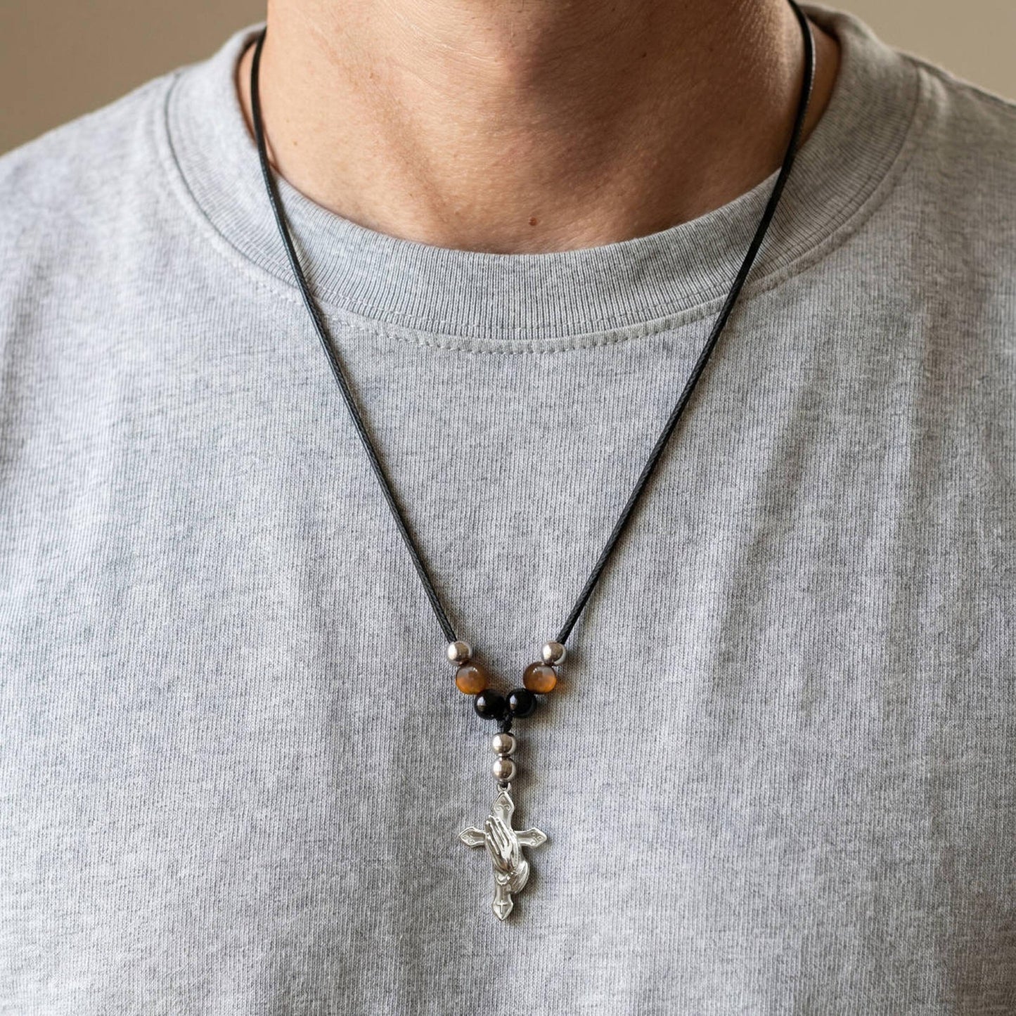 Kemston Beaded Cross Necklace for Men Black Onyx Tiger Eye Stainless Steel Adjustable Rope Pendant NC-2783