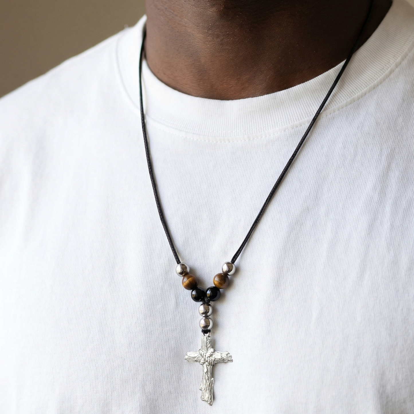 Kemston Beaded Cross Necklace for Men Black Onyx Tiger Eye Stainless Steel Adjustable Rope Pendant NC-2783