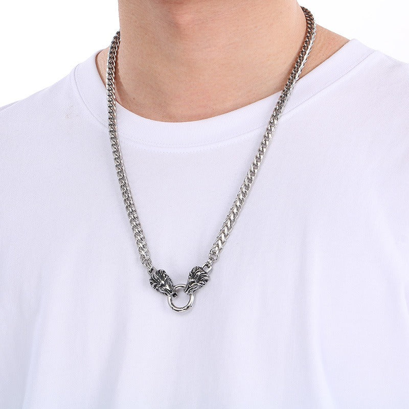 Kemstone Dragon & Skull Clasp Chain Necklace – 6mm Stainless Steel Viking Punk Style KN290995-Z
