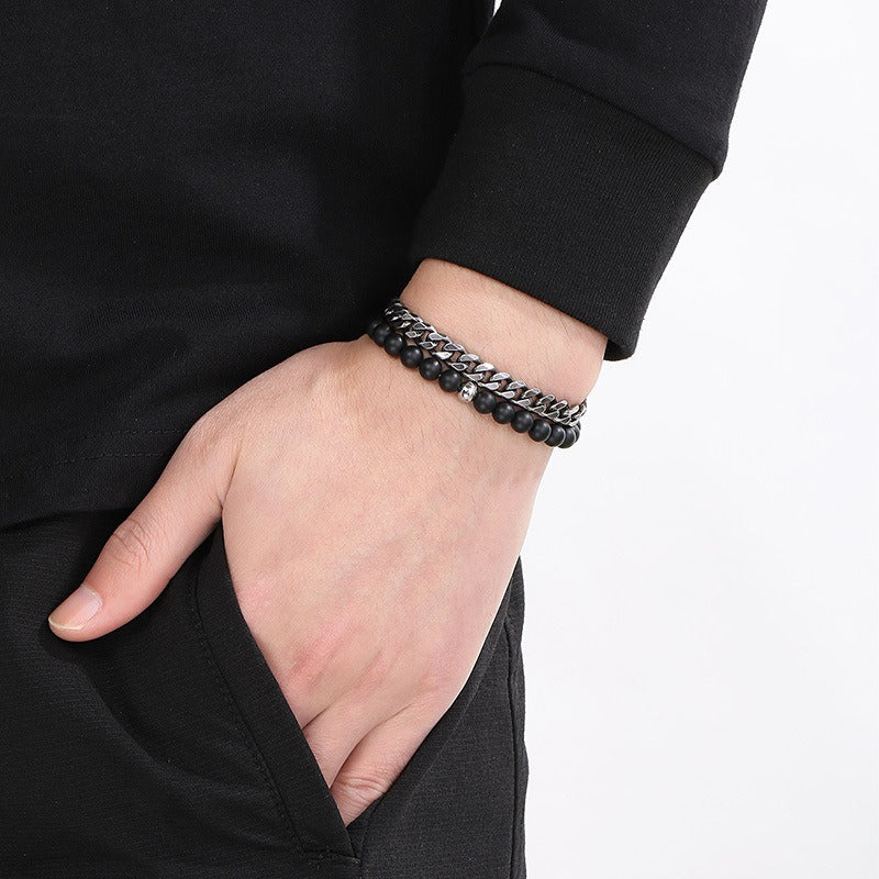 Kemstone Dual-Layer Onyx & Cuban Chain Bracelet – Stainless Steel Power Symbol KB185323-Z