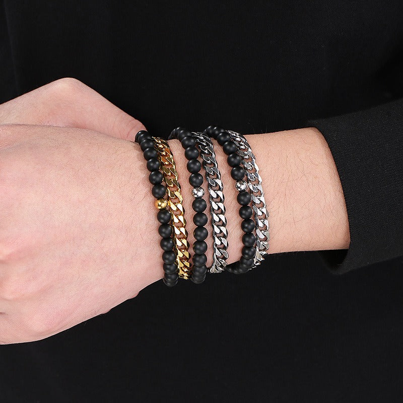 Kemstone Dual-Layer Onyx & Cuban Chain Bracelet – Stainless Steel Power Symbol KB185323-Z
