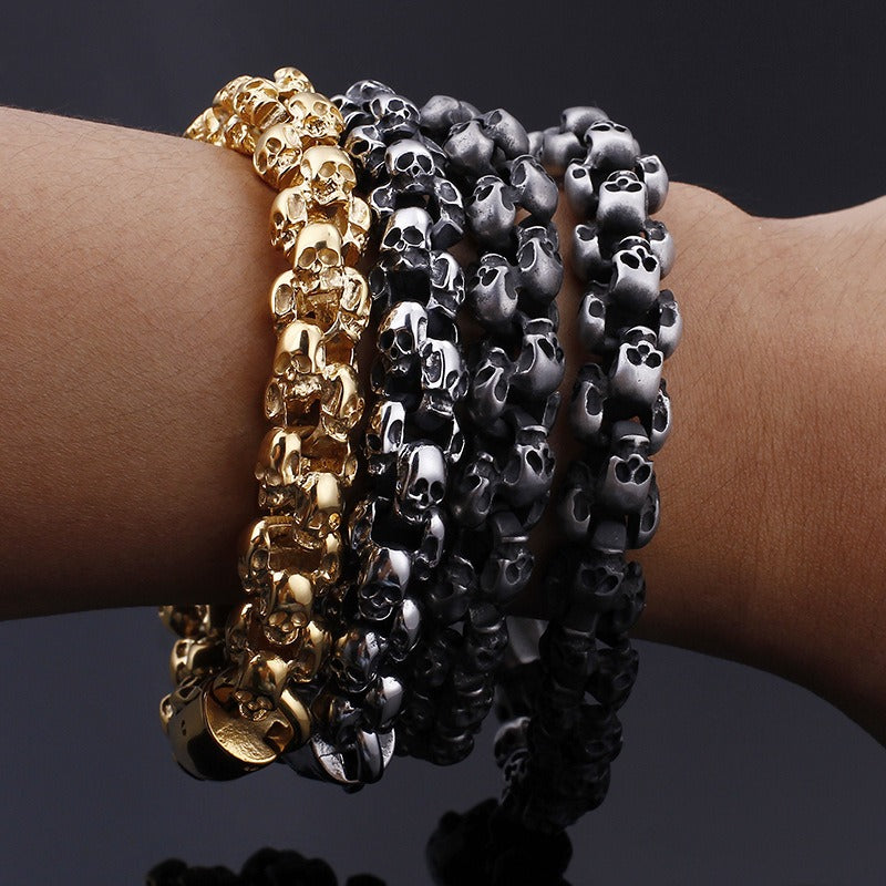 Kemstone Men’s Gold Skull Chain Bracelet – Stainless Steel Gothic Biker Jewelry KB81843-BD