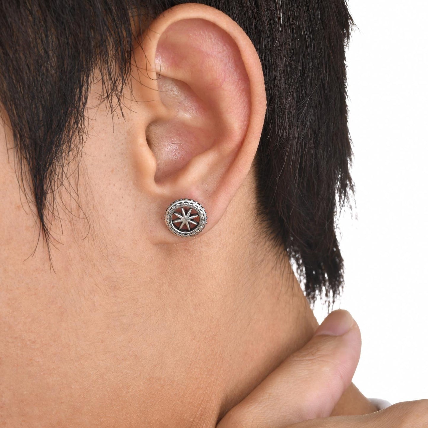 Kemstone Handcrafted Steel Octagram Stud Earrings – Distressed Silver Edgy Men’s Jewelry ES-432