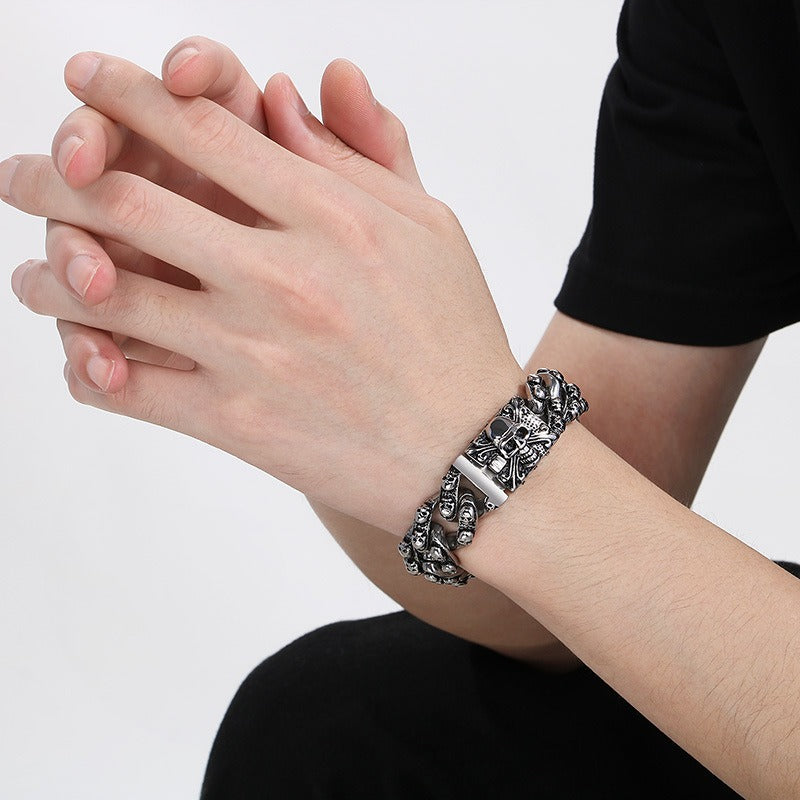 Kemstone Men’s Skull Chain Bracelet – Heavy Stainless Steel Gothic Biker Jewelry KB66291-BD