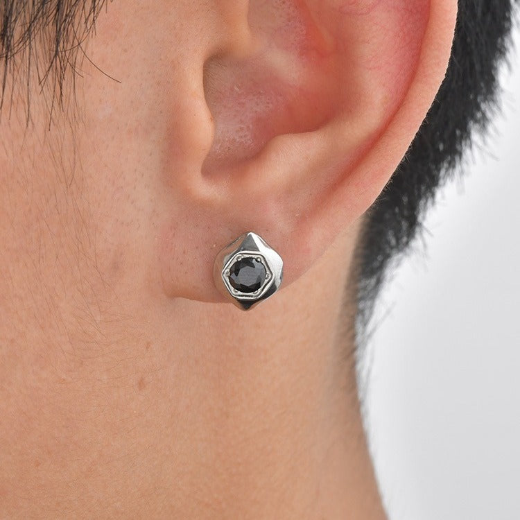 Kemston Black Cubic Zirconia Hexagon Stud Earrings for Men Stainless Steel Minimal Geometric ES-796