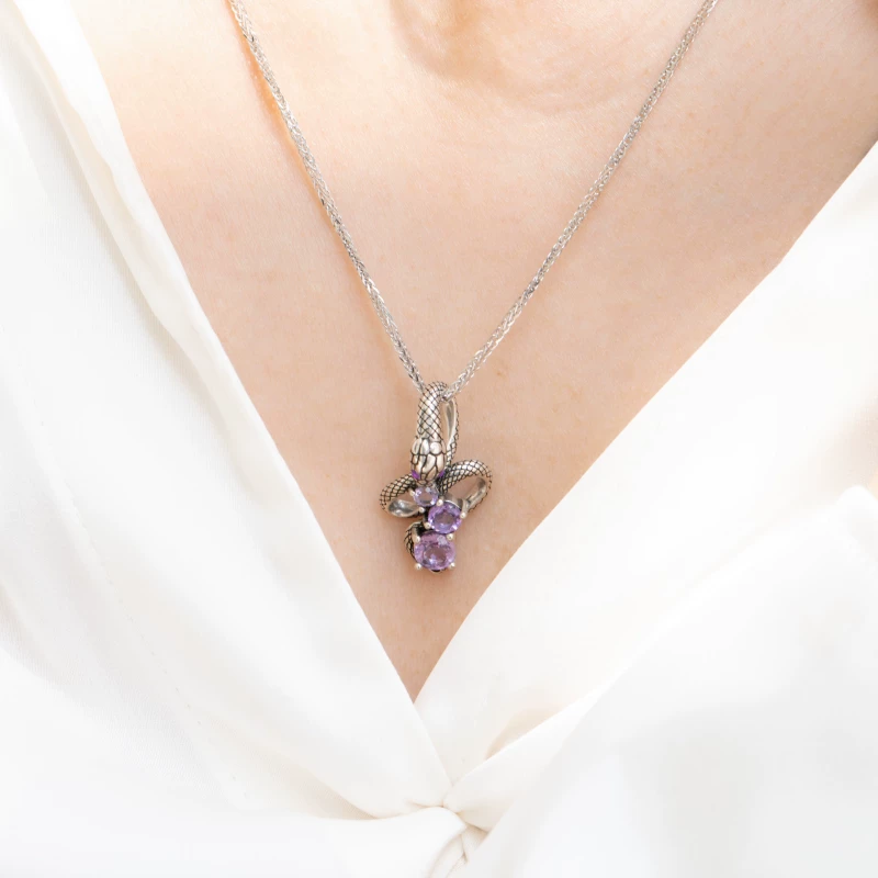 Colgante de serpiente de amatista vintage de plata de ley Kemstone para mujer | Joyería gótica de brujería EMN-519224