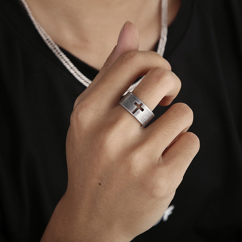 Kemstone Gothic Cross Adjustable Ring – Distressed Titanium Steel Openwork Men’s Jewelry KR104680