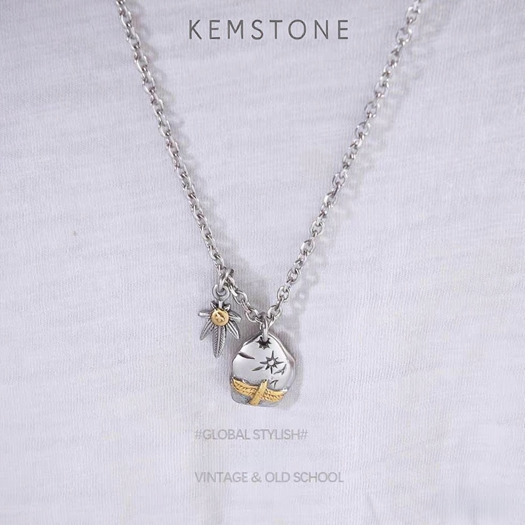 Kemstone Men’s Titanium Steel Necklace – Leaf & Eagle Pendant, Gold Accents NW-XL107