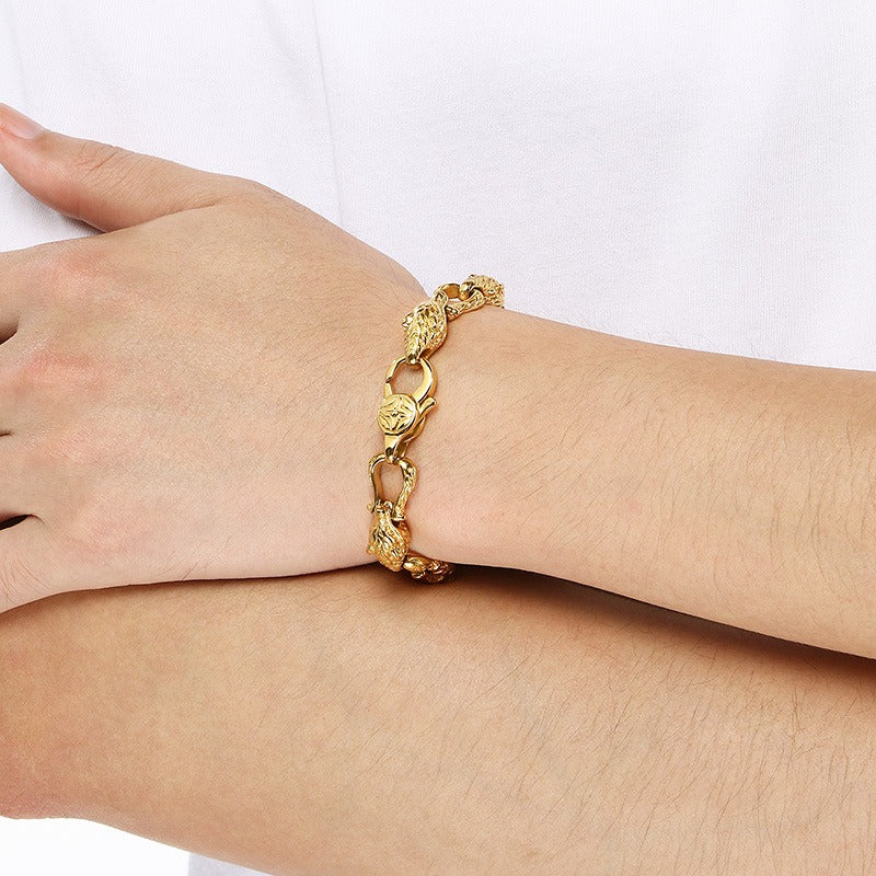 Kemstone Viking Tail-Biting Wolf Head Bracelet – Stainless Steel Vintage Design, Gold/Silver KB204389-KJX