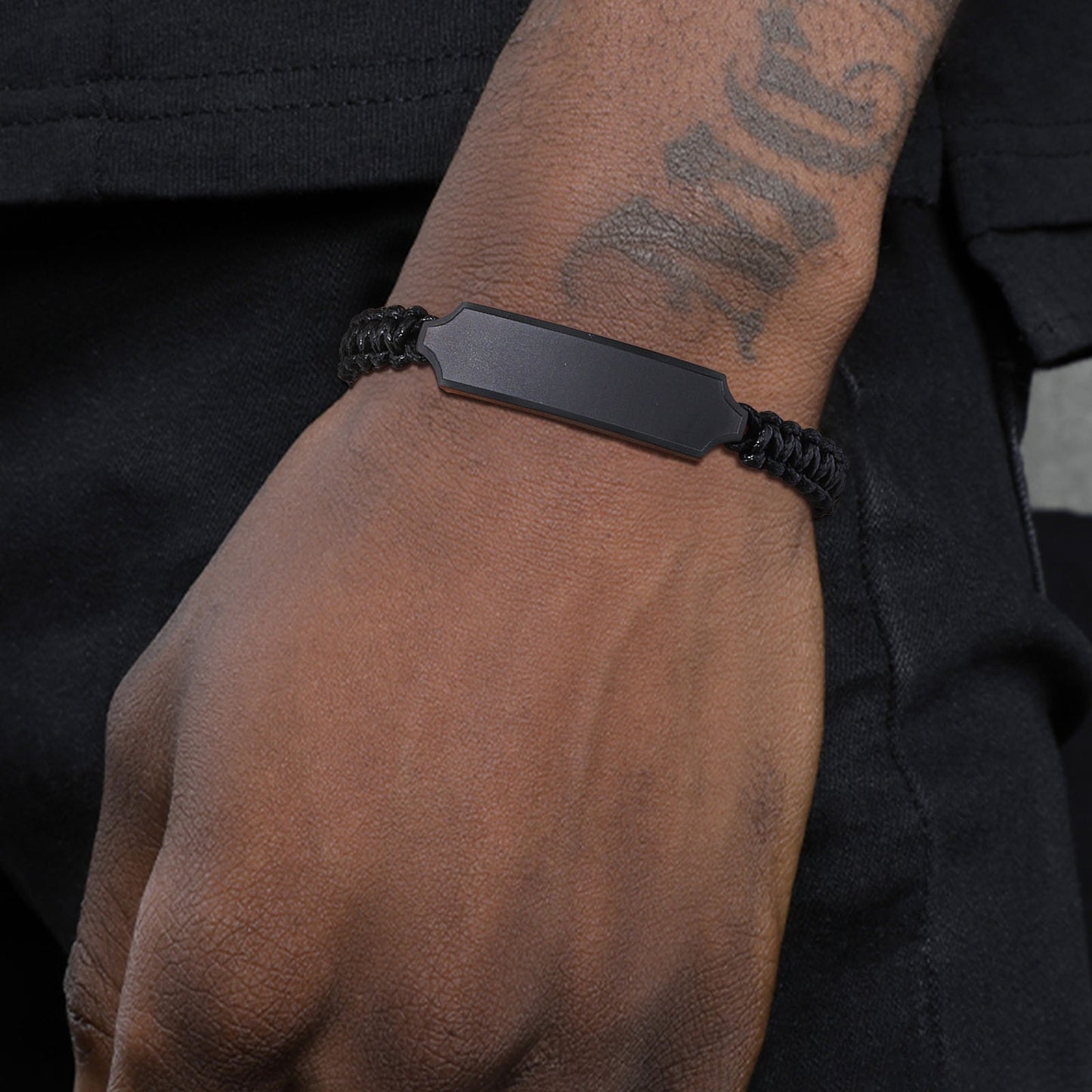 Kemstone Black Braided Stainless Steel Bracelet – Men’s Adjustable ID Plate Minimalist Band BR-2057