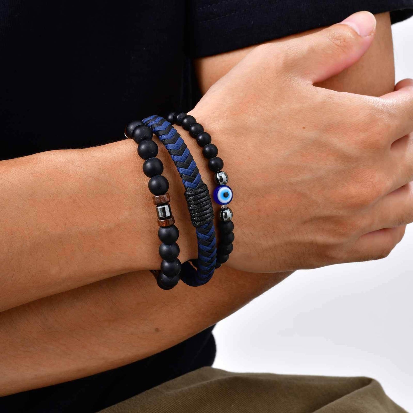 Kemstone Men’s Beaded Bracelet Set – Black Onyx, Lava Stone & Leather BR-2751