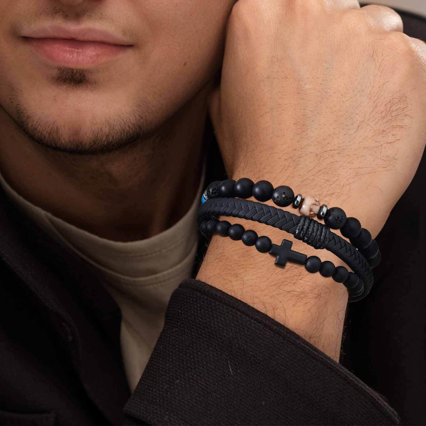 Kemstone Men’s Beaded Bracelet Set – Black Onyx, Lava Stone & Leather BR-2751