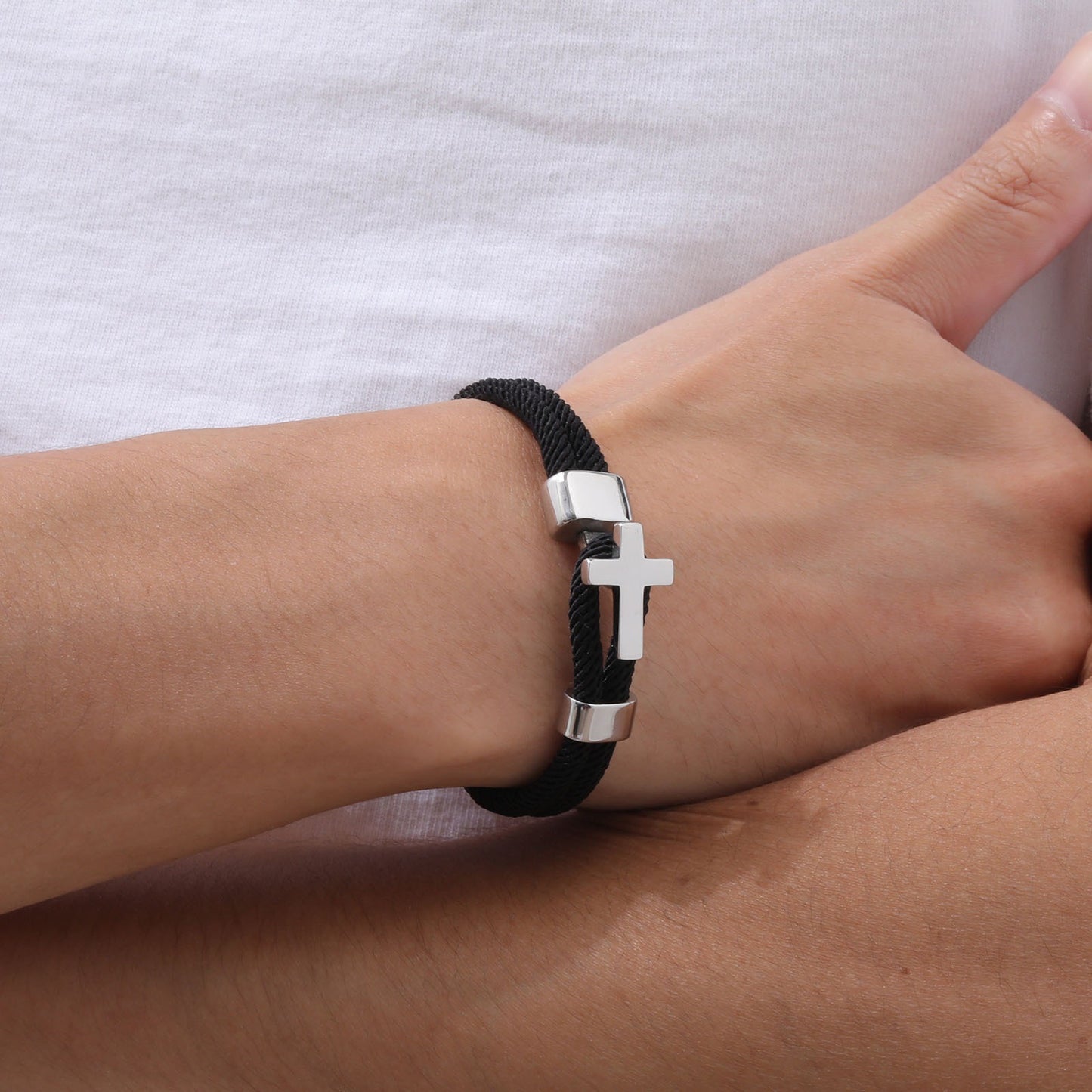 Kemstone Men’s Stainless Steel Cross Bracelet – Black Milan Rope BL-769