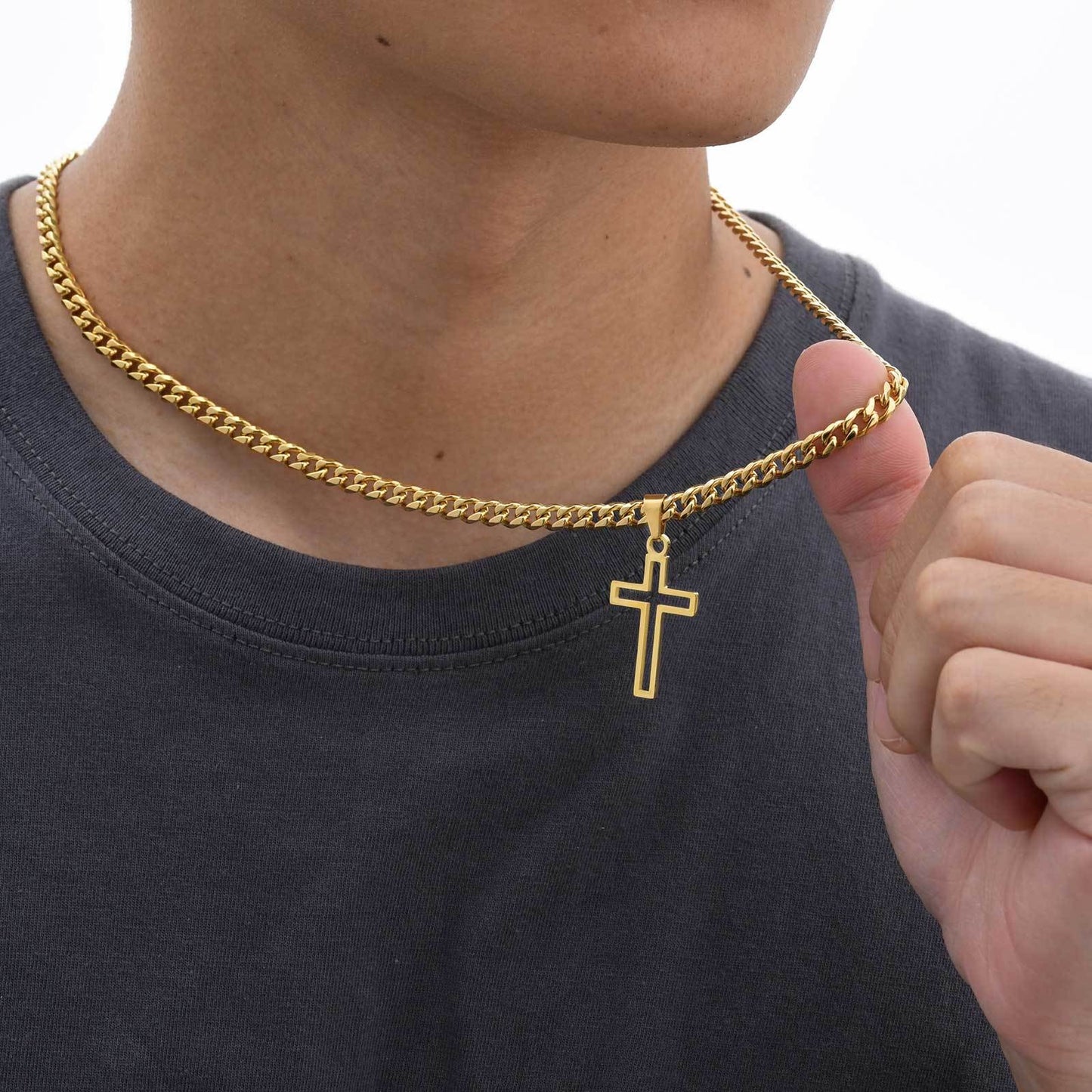 Kemstone Men’s Stainless Steel Hollow Cross Necklace – Cuban Chain PN-1531