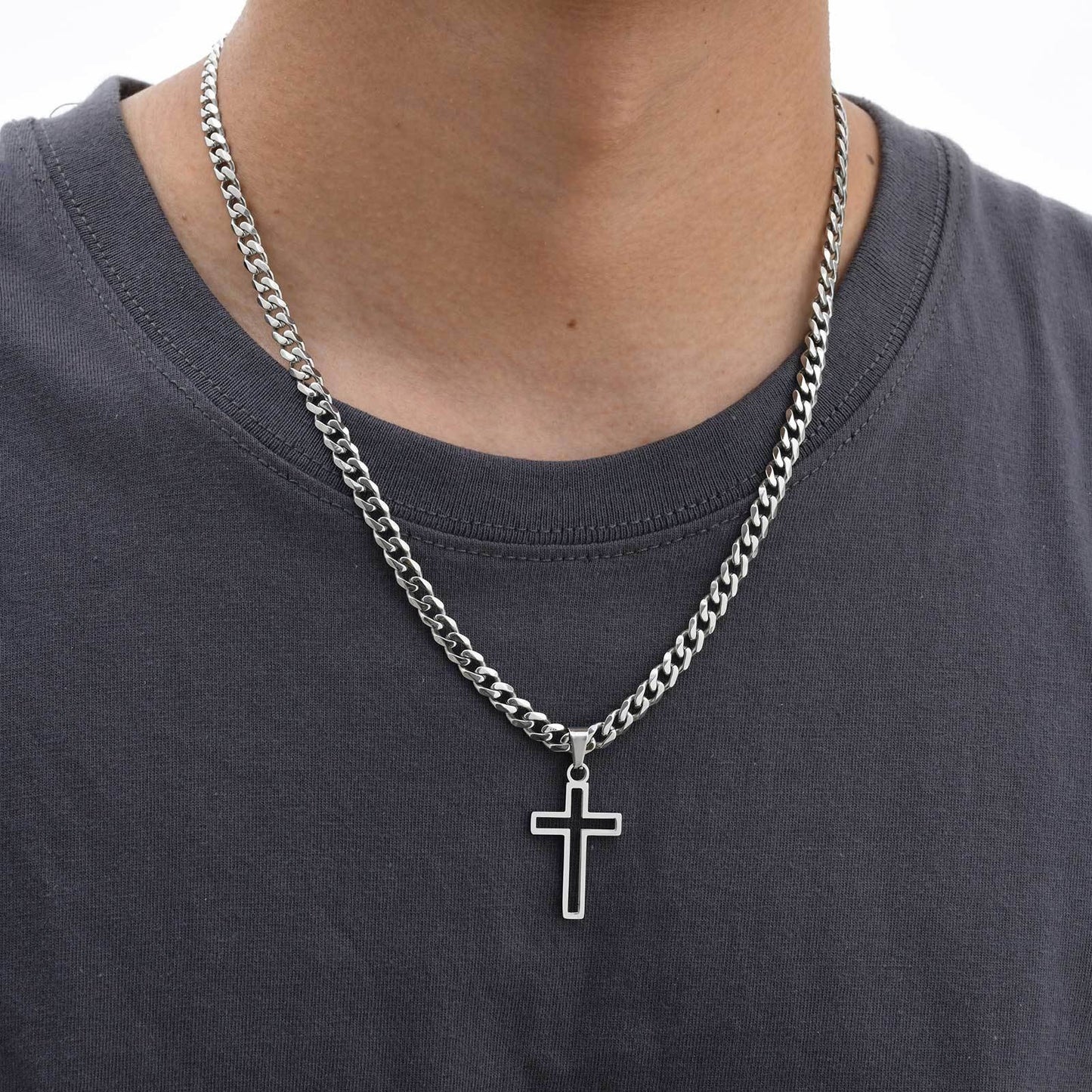 Kemstone Men’s Stainless Steel Hollow Cross Necklace – Cuban Chain PN-1531