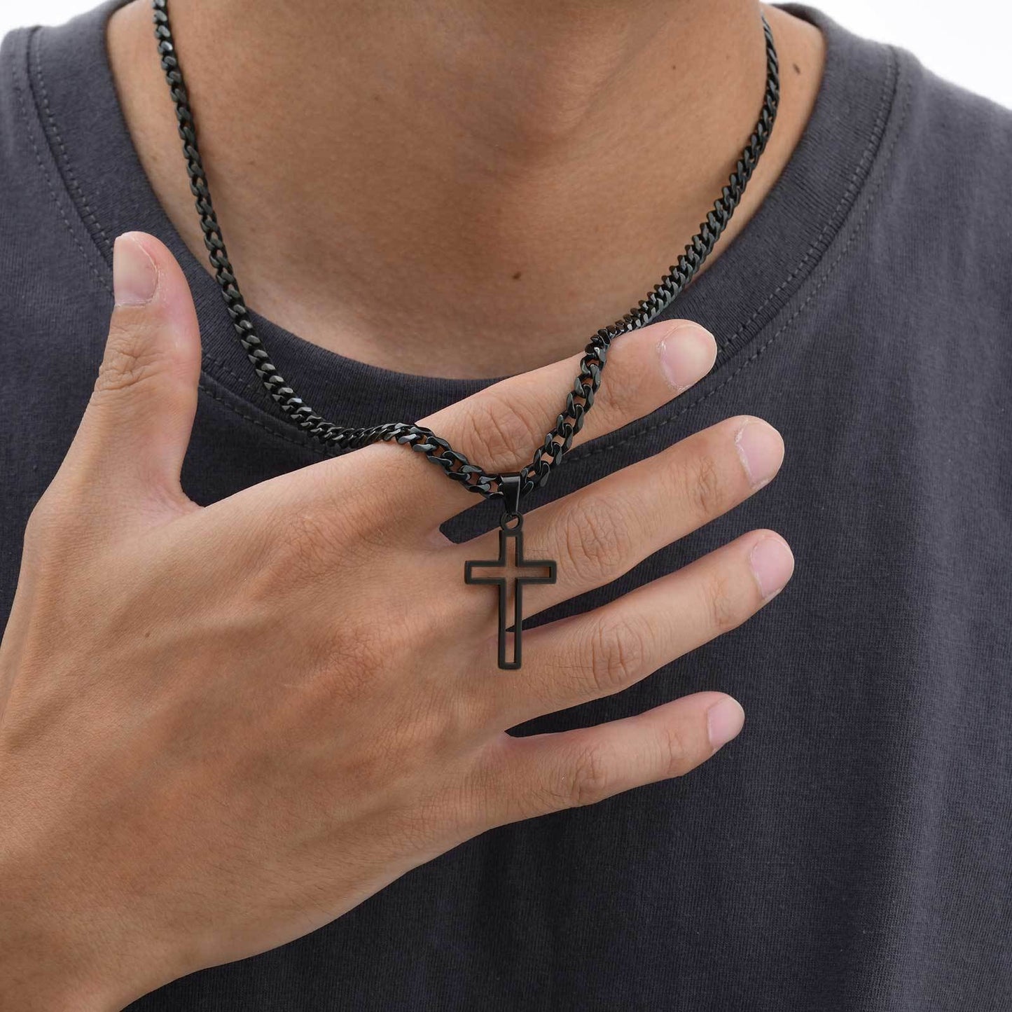 Kemstone Men’s Stainless Steel Hollow Cross Necklace – Cuban Chain PN-1531