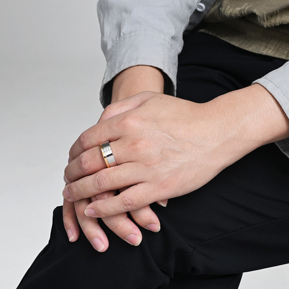 Kemstone Men’s Stainless Steel Ring – Two-Tone Zircon Inlay Band K-R1061