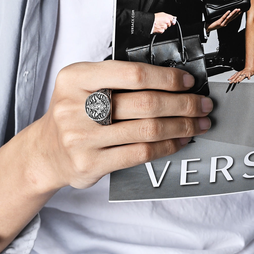 Kemstone Titanium Steel Freemason Ring – Vintage Masonic Emblem Design K-R800