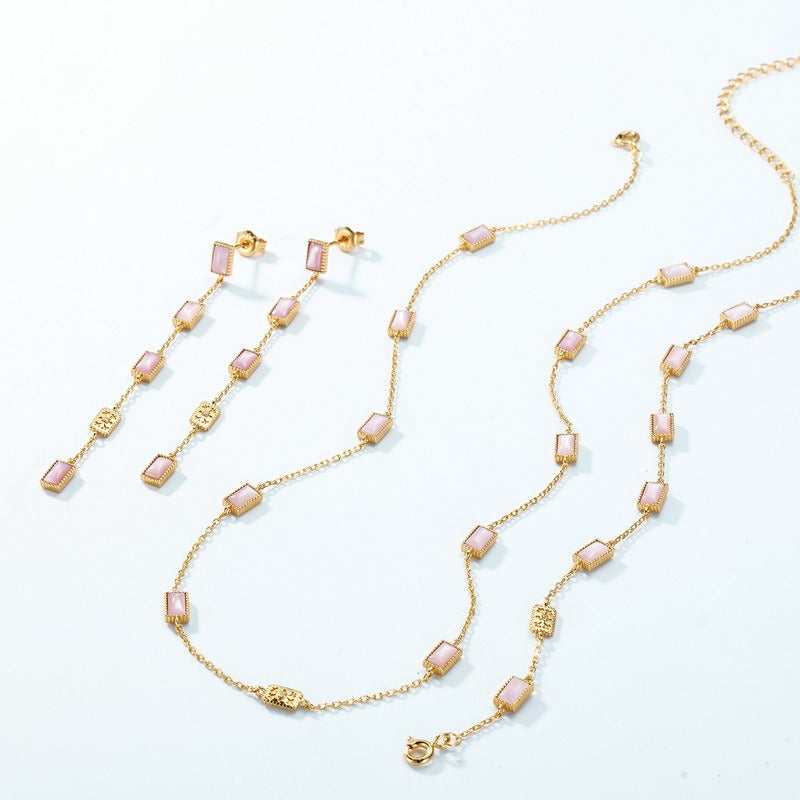 Pendientes colgantes de concha rosa, diseño original, hechos a mano por Kemstone - Diseño geométrico, plata S925 con baño de oro de 0,39 quilates
