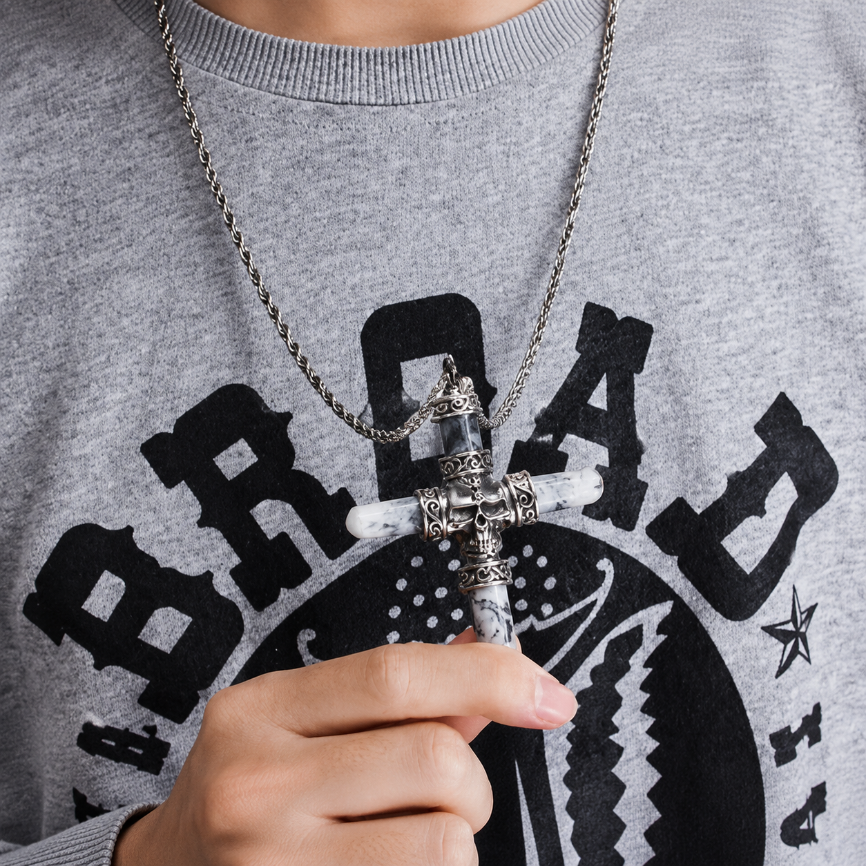Kemston Titanium Steel Skull Cross Pendant Necklace for Men Gothic Resin Inlay Chain KP42893-BD