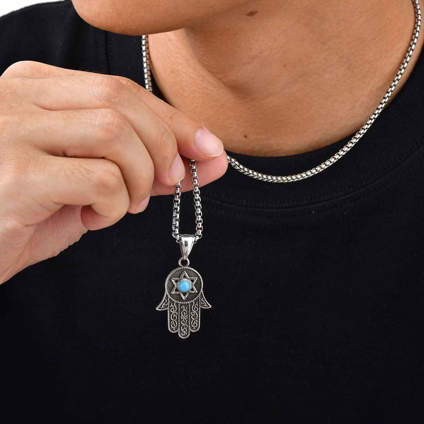 Kemstone Stainless Steel Hamsa Hand Necklace – Hexagram Turquoise Pendant for Men PN-2232
