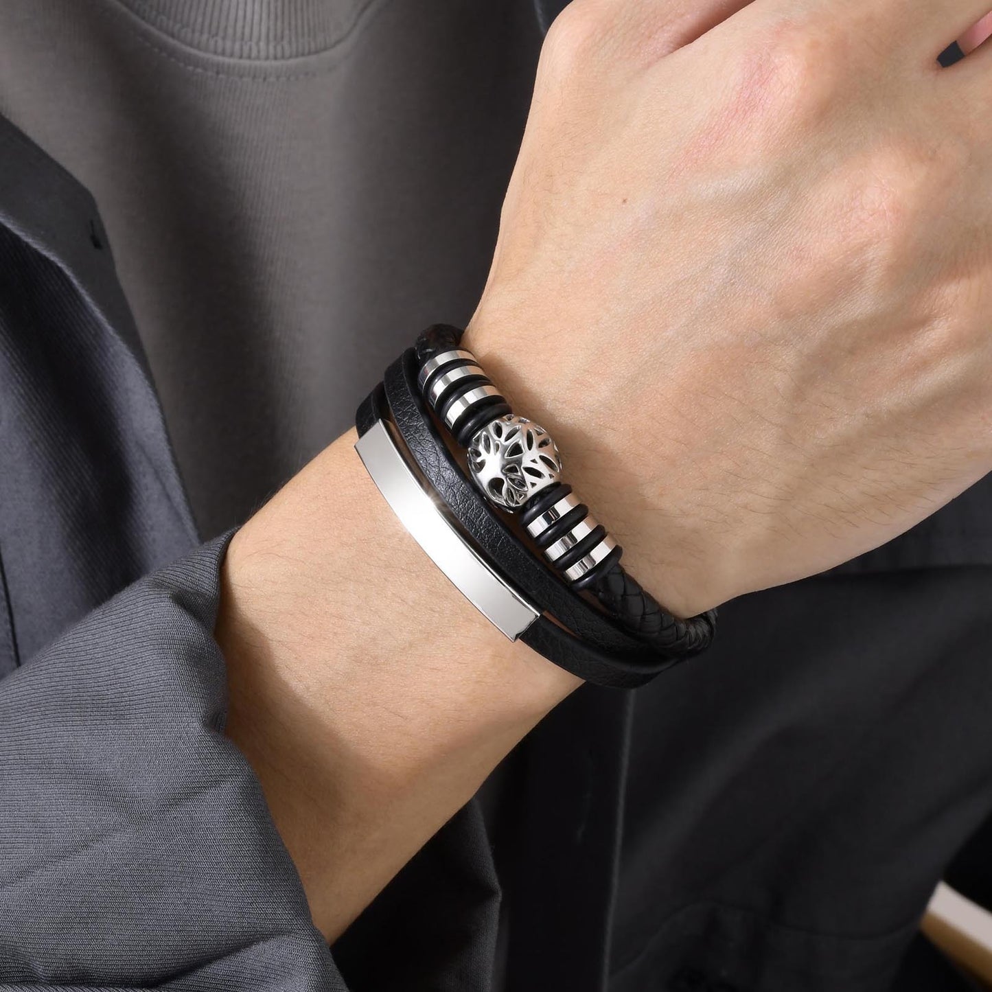 Kemstone Men’s Layered Microfiber Leather Bracelet – Stainless Steel Tree of Life Plate BL-650