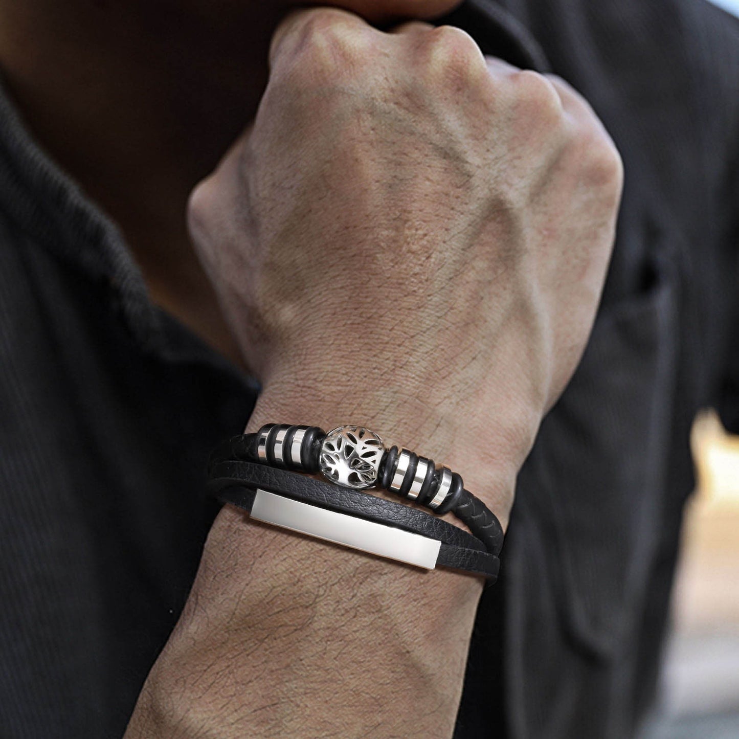 Kemstone Men’s Layered Microfiber Leather Bracelet – Stainless Steel Tree of Life Plate BL-650