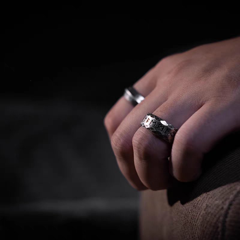 Kemstone Viking Rune Ring – Vintage Silver Stainless Steel Band, 8mm Norse Jewelry for Men  NWR-620821