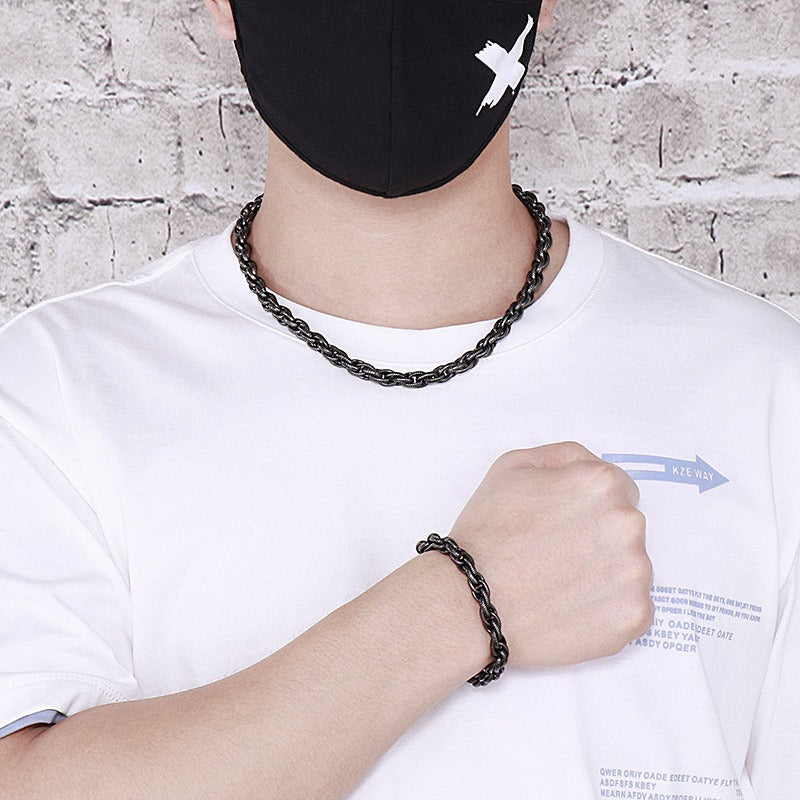 Kemstone Vintage Matte Black Titanium Steel Chunky Twisted Chain Bracelet & Necklace for Men KS141111-Z