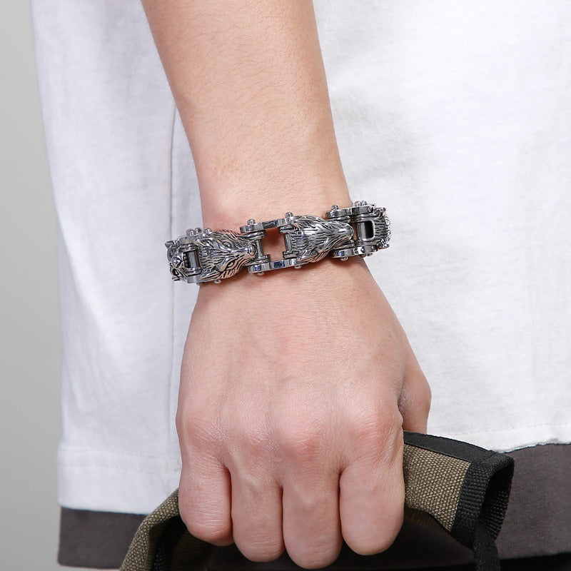 Kemstone Wolf Head Chain Bracelet – Titanium Steel Motorcycle-Inspired Men’s Jewelry KB152384