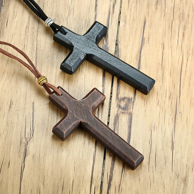 Kemston Wooden Cross Pendant Necklace for Men Adjustable Cord PN-1278