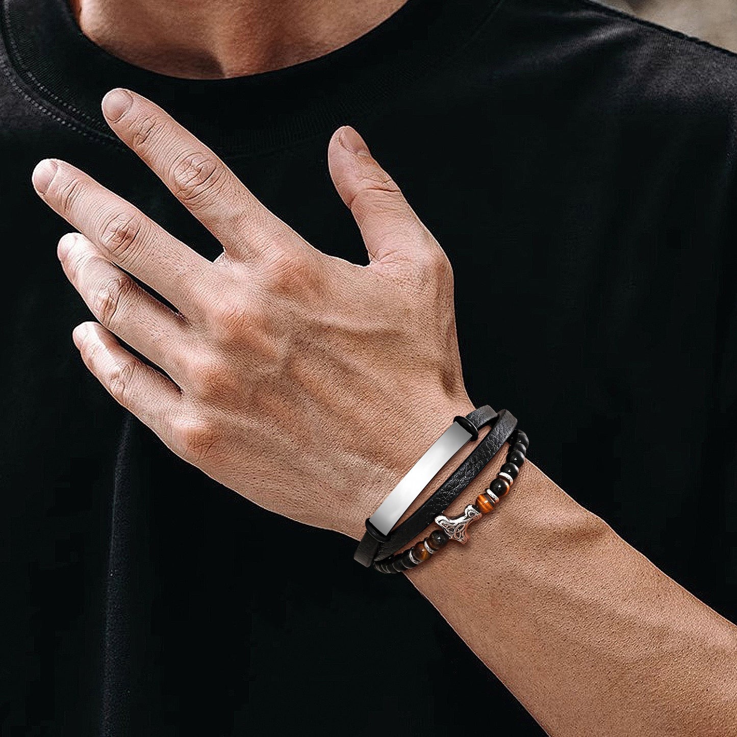 Kemstone Men’s Stainless Steel Viking Bracelet – Triple-Layer Leather with Agate & Tiger Eye BL-734